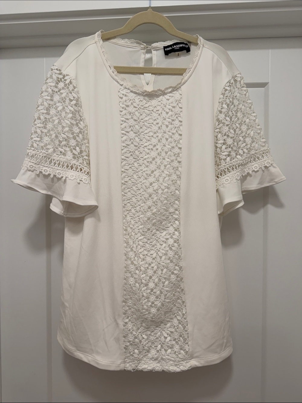 Karl Lagerfeld Cream Lace-Panel Flutter Sleeve Top